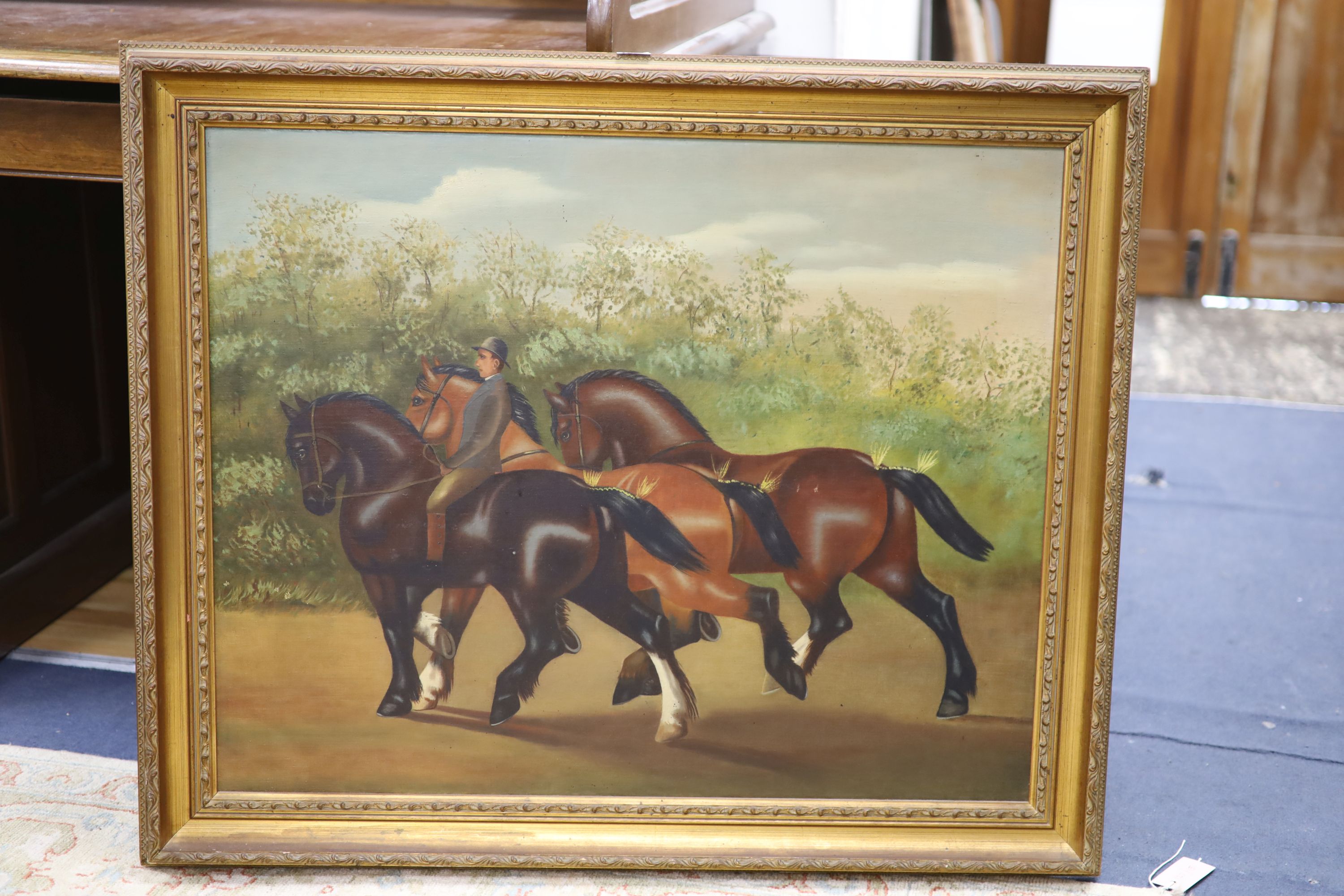 English School, oil on canvas, Naive study of three Shire horses and a groom, 64 x 80cm